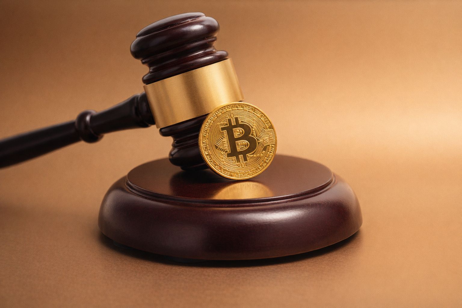 En auktionsklubba i mörkt trä bredvid ett guldglänsande bitcoin-mynt.