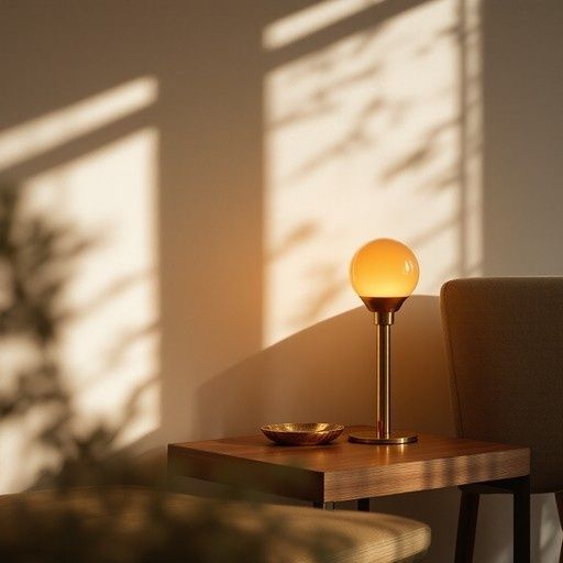 Varmt glödande bordslampa på träbord i ett solbelyst vardagsrum